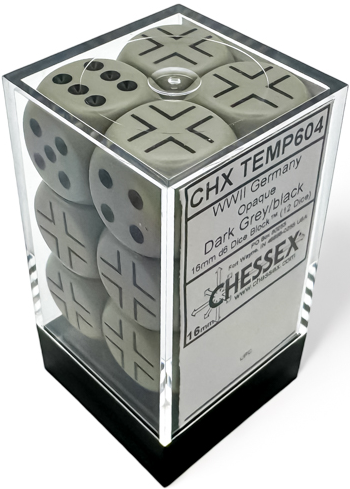 WWII GERMAN OPAQUE DARK GREY/BLACK 12D6 16MM DICE BLOCK